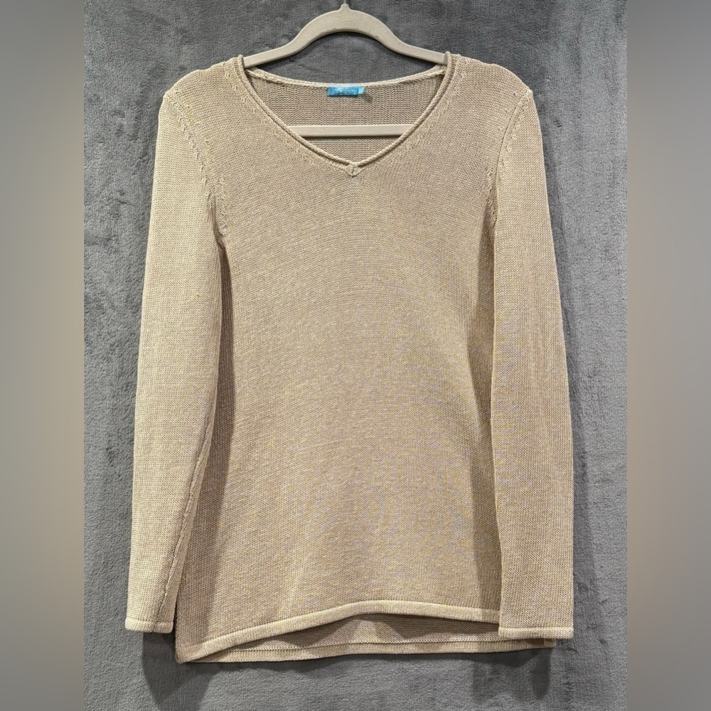 J McLaughlin Open Knit Sweater‎ Womens Medium V Neck Long Sleeve Pullover Tan